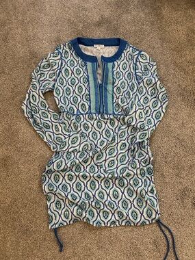 CabanaLife Ruched~Blue & White Geo-Print Tunic UV 50+Swim Cover Up NWOT